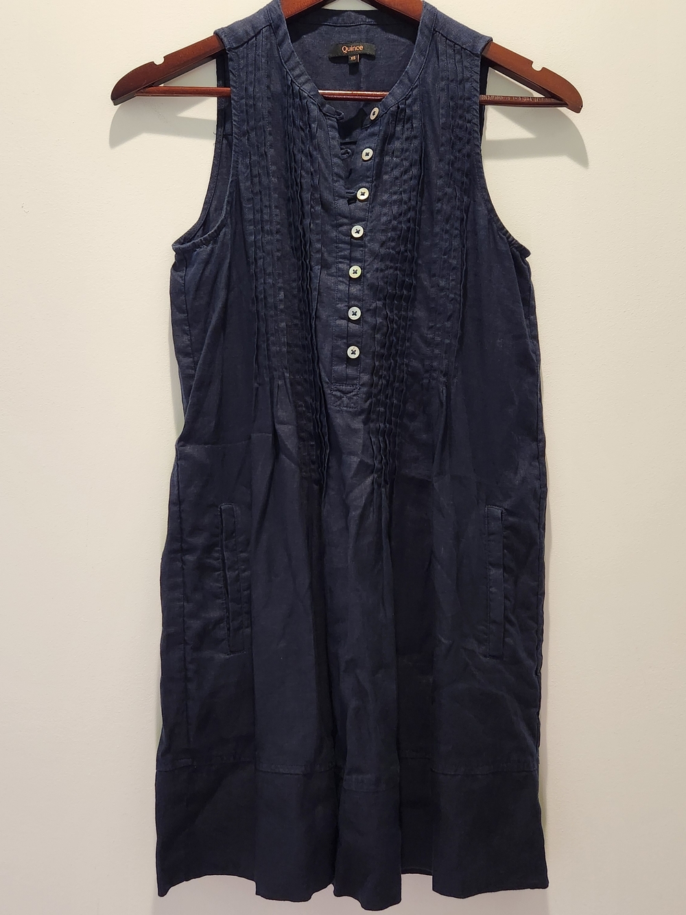 Quince Deep Navy Sleeveless Pintuck Linen Button Swing Dress